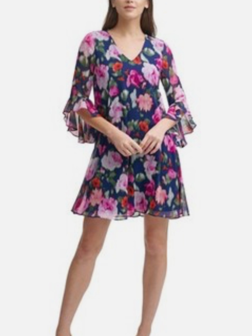 CALVIN KLEIN Blue Multicolored Lined Bell Sleeve Short Party Trapeze Dress Sz 8